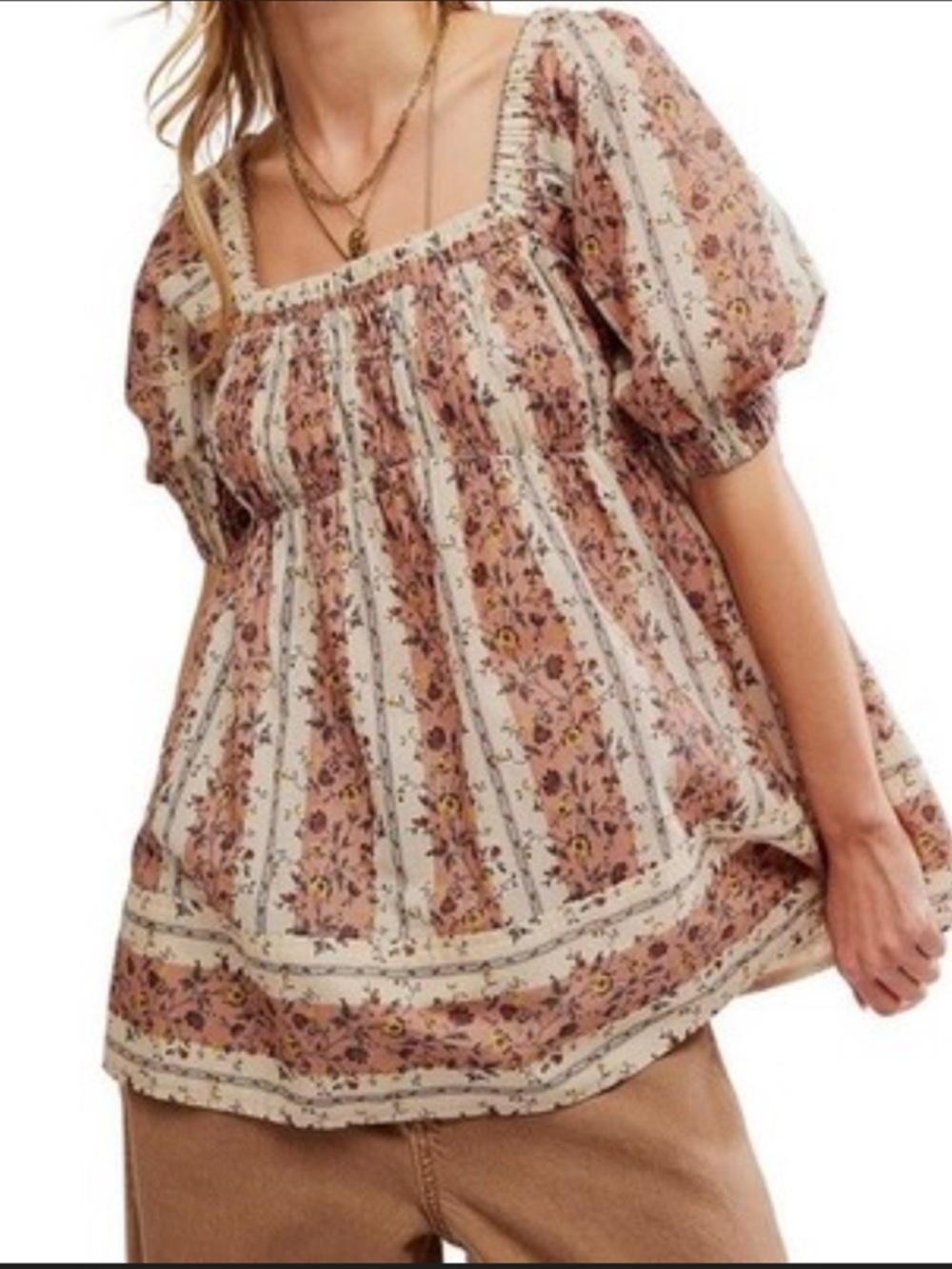 NWT FREE PEOPLE vintage lover Cotten tunic top Floral Smocked Square-Neck large